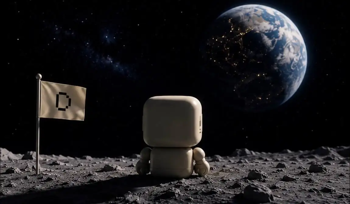 The DATA HEDGE mascot robot sitting on the moon beside a flag, with Earth rising in the background